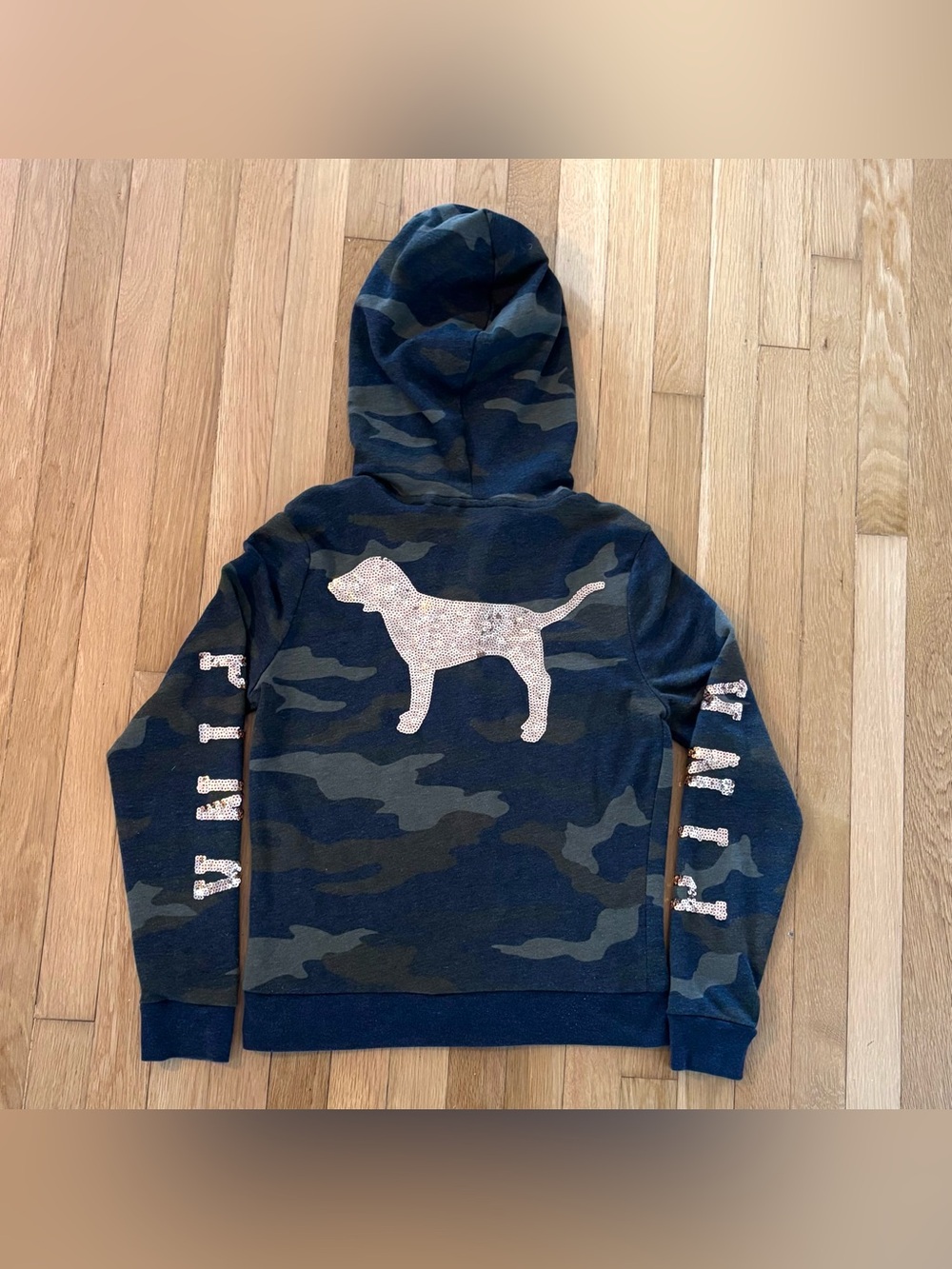 Victorias Secret PINK Camo Sequin Hoodie Small S Bling Gold Dog Full Zip Jacket